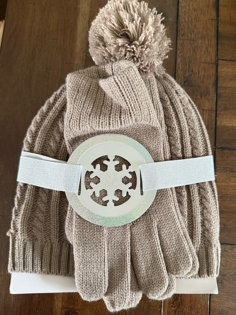 Knit Pom Pom Hat & Glove Set - Taupe